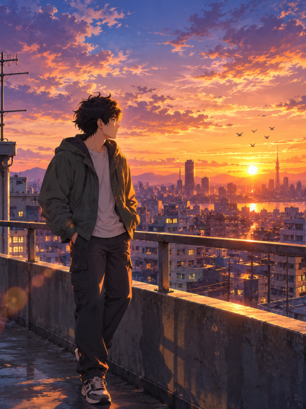 Anime Rooftop Sunset Portrait AI Photo Prompt result